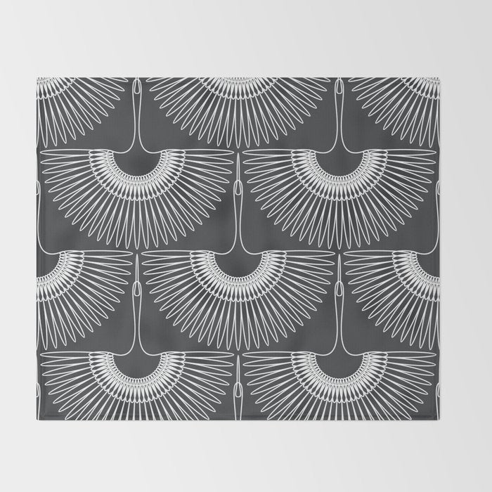 Japanese Crane Ornate Art Deco Dark Monochrome Pattern Throw Blanket Gallery Image 2
