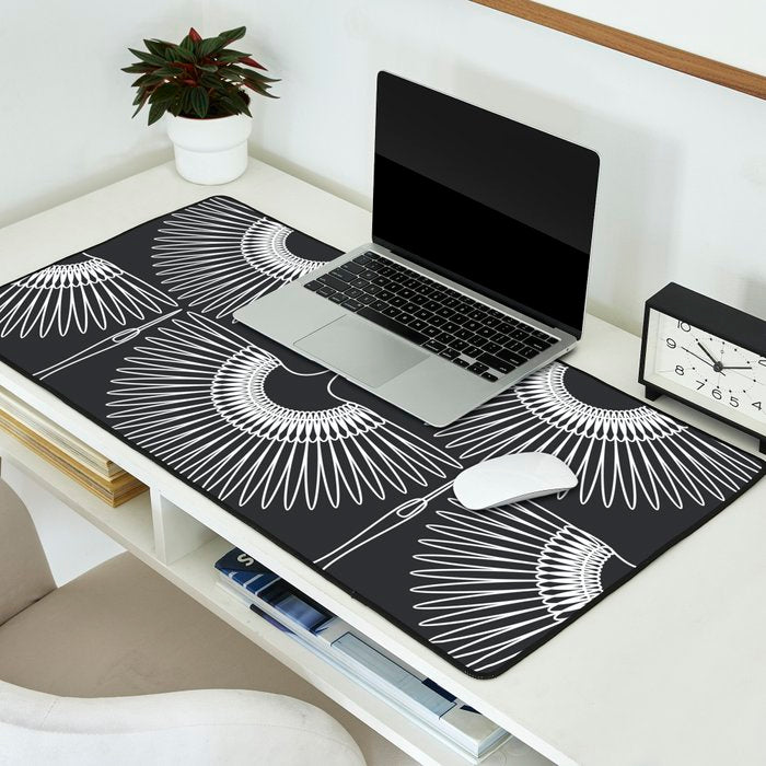 Japanese Crane Ornate Art Deco Dark Monochrome Pattern Desk Mat Gallery Image 2
