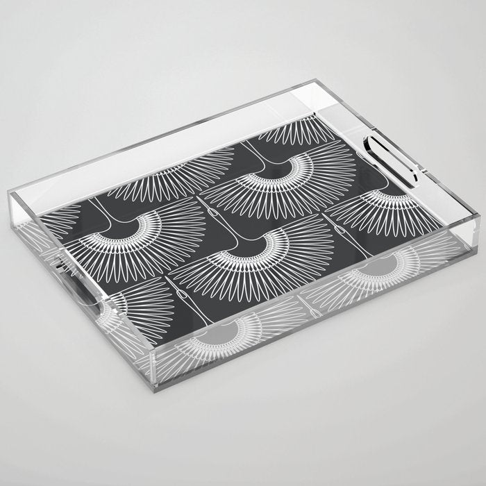 Japanese Crane Ornate Art Deco Dark Monochrome Pattern Acrylic Tray Gallery Image 1