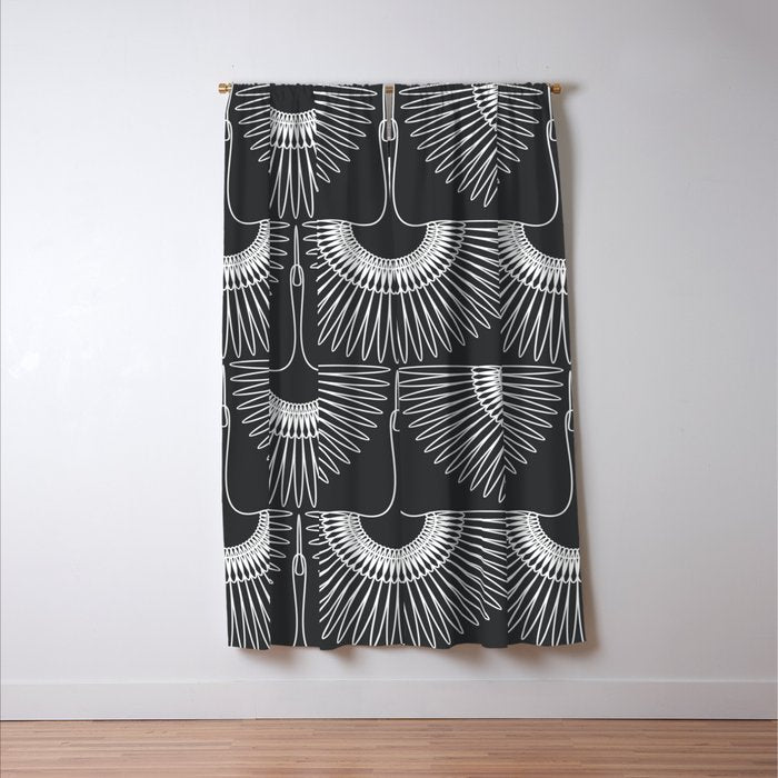 Japanese Crane Ornate Art Deco Dark Monochrome Pattern Window Curtain Gallery Image 3