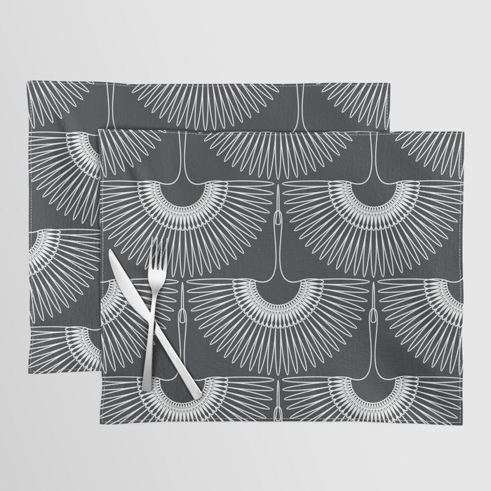 Japanese Crane Ornate Art Deco Dark Monochrome Pattern Placemat Gallery Image 1
