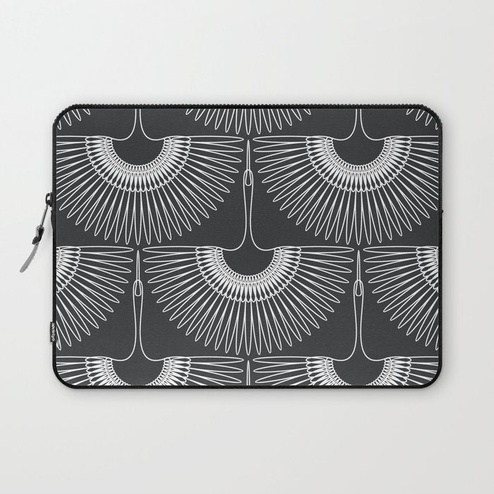 Japanese Crane Ornate Art Deco Dark Monochrome Pattern Laptop Sleeve Gallery Image 1