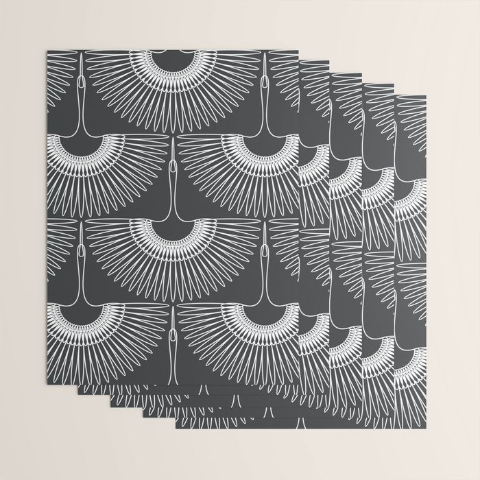 Japanese Crane Ornate Art Deco Dark Monochrome Pattern Wrapping Paper Gallery Image 3