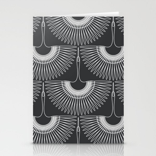 Japanese Crane Ornate Art Deco Dark Monochrome Pattern Stationery Card Gallery Image 1