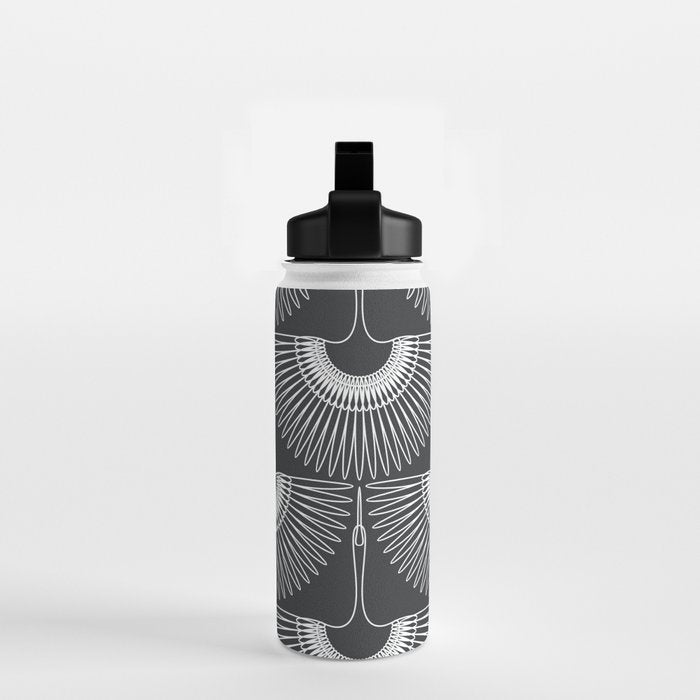 Japanese Crane Ornate Art Deco Dark Monochrome Pattern Water Bottle Gallery Image 2