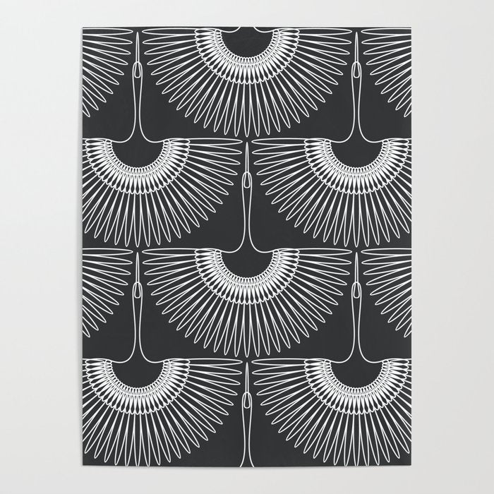 Japanese Crane Ornate Art Deco Dark Monochrome Pattern Poster Gallery Image 4