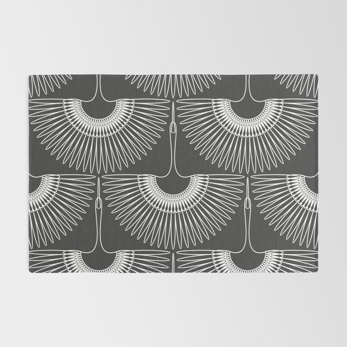 Japanese Crane Ornate Art Deco Dark Monochrome Pattern Rug Gallery Image 2