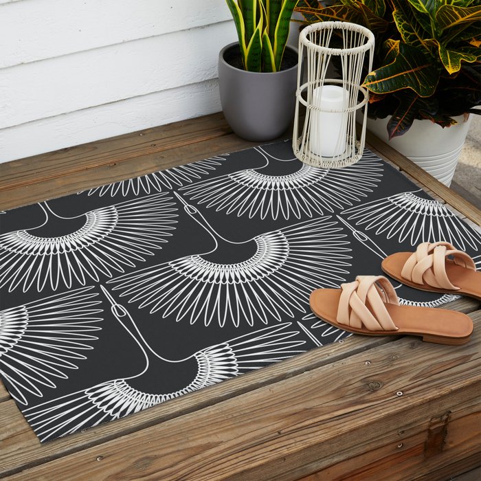 Japanese Crane Ornate Art Deco Dark Monochrome Pattern Outdoor Rug Gallery Image 2
