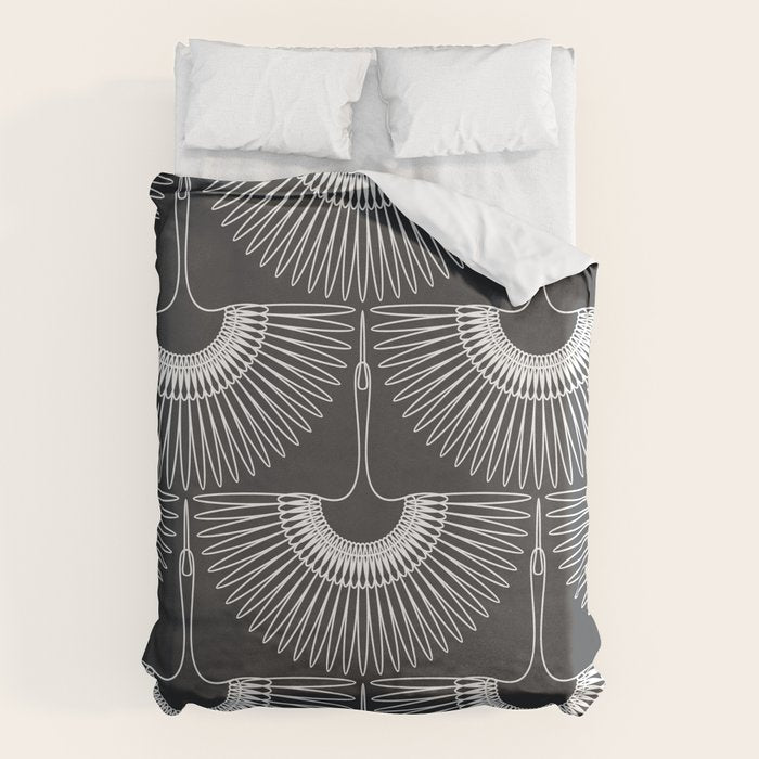 Japanese Crane Ornate Art Deco Dark Monochrome Pattern Duvet Cover Gallery Image 1