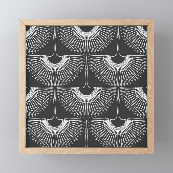 Japanese Crane Ornate Art Deco Dark Monochrome Pattern Mini Art Print Gallery Image 1