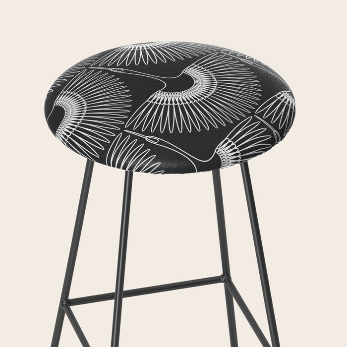 Japanese Crane Ornate Art Deco Dark Monochrome Pattern Stool Gallery Image 2
