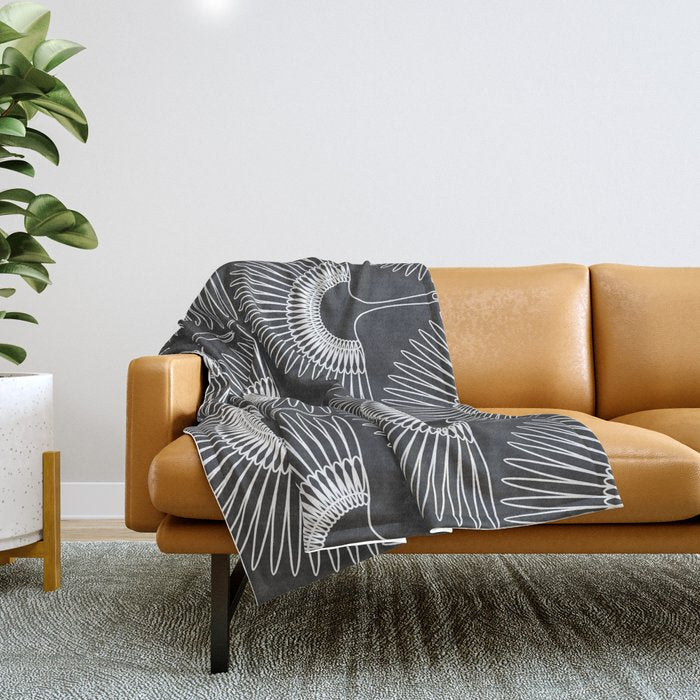 Japanese Crane Ornate Art Deco Dark Monochrome Pattern Throw Blanket Gallery Image 1