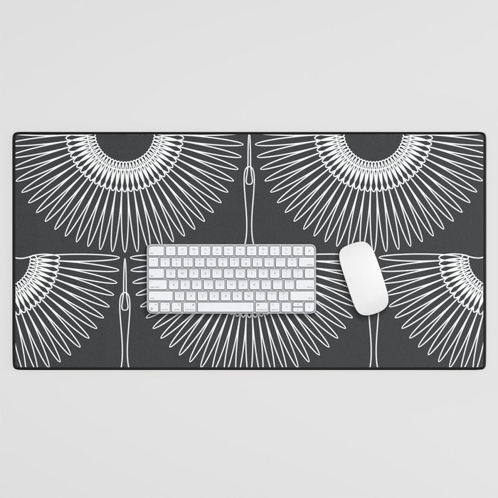 Japanese Crane Ornate Art Deco Dark Monochrome Pattern Desk Mat Gallery Image 1