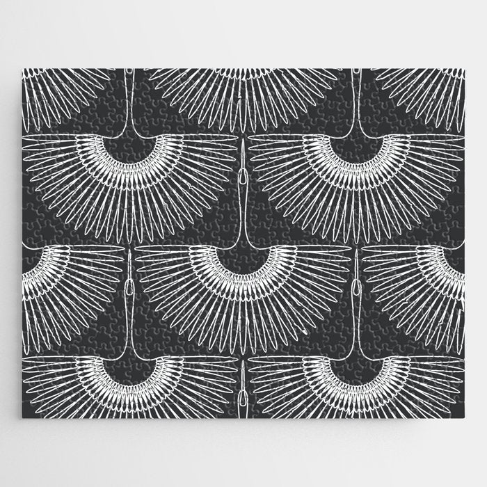 Japanese Crane Ornate Art Deco Dark Monochrome Pattern Jigsaw Puzzle Gallery Image 1