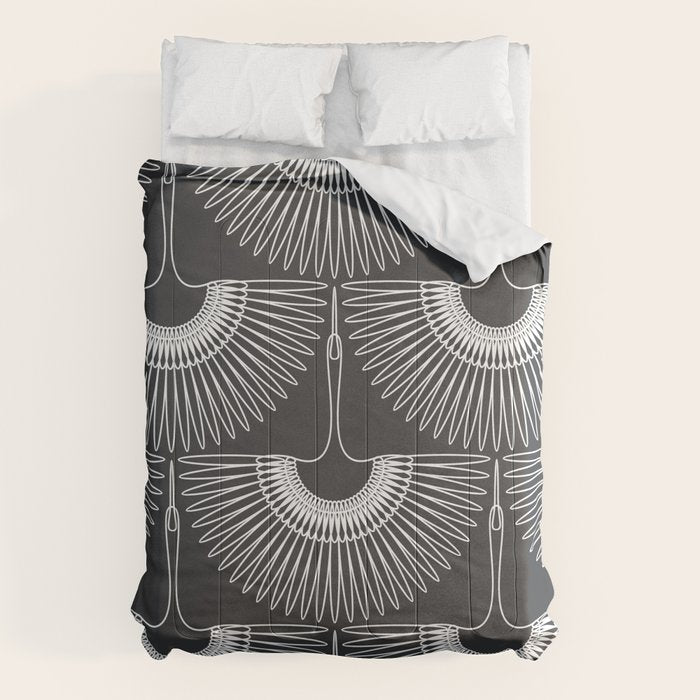Japanese Crane Ornate Art Deco Dark Monochrome Pattern Comforter Gallery Image 1