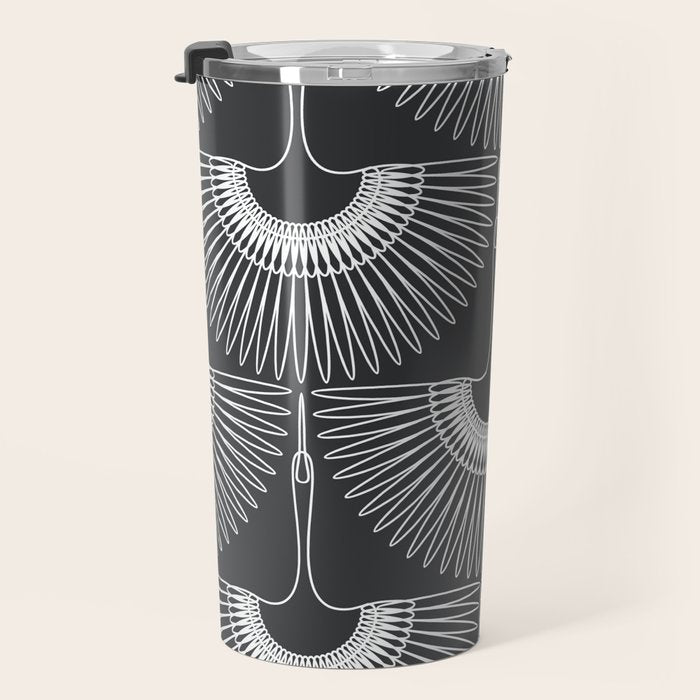 Japanese Crane Ornate Art Deco Dark Monochrome Pattern Travel Mug Gallery Image 3