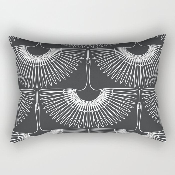 Japanese Crane Ornate Art Deco Dark Monochrome Pattern Rectangular Pillow Gallery Image 1