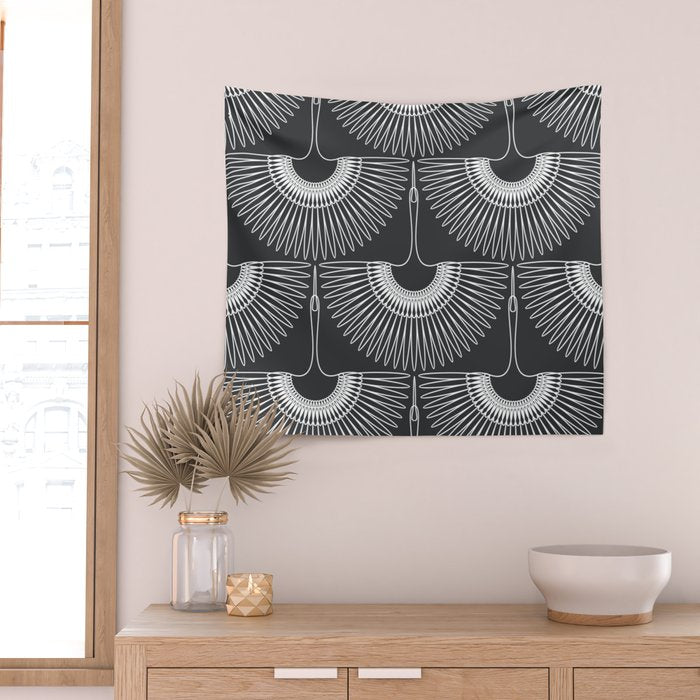 Japanese Crane Ornate Art Deco Dark Monochrome Pattern Wall Tapestry Gallery Image 2
