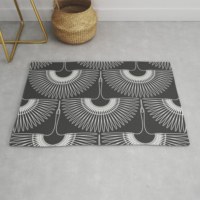 Japanese Crane Ornate Art Deco Dark Monochrome Pattern Rug Gallery Image 1