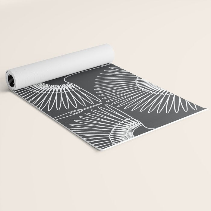 Japanese Crane Ornate Art Deco Dark Monochrome Pattern Yoga Mat Gallery Image 2