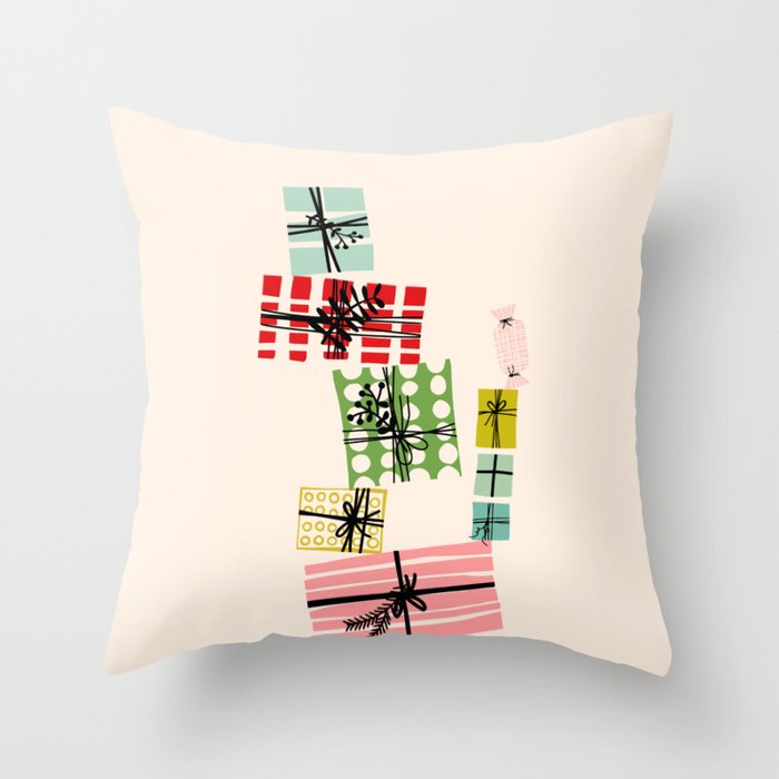 Wobbly pile of Christmas presents Throw Pillow Gallery Image 1