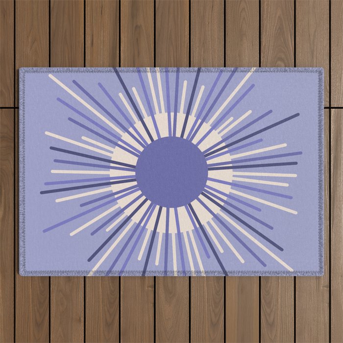 Retro Minimalist Sunburst Double Sun in Light Periwinkle Purple and Cream Outdoor Rug Gallery Image 1