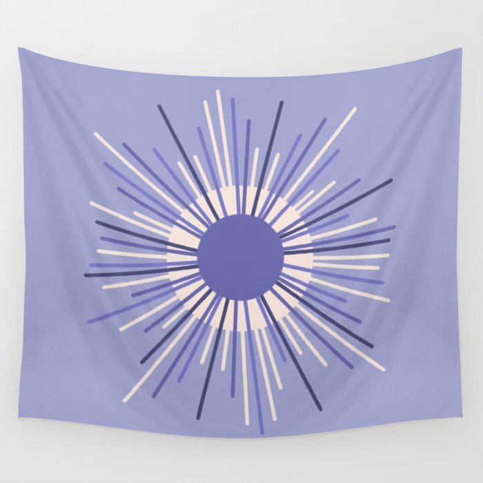 Retro Minimalist Sunburst Double Sun in Light Periwinkle Purple and Cream Wall Tapestry Gallery Image 1
