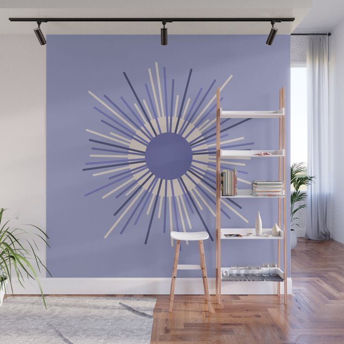 Retro Minimalist Sunburst Double Sun in Light Periwinkle Purple and Cream Wall Mural Gallery Image 1