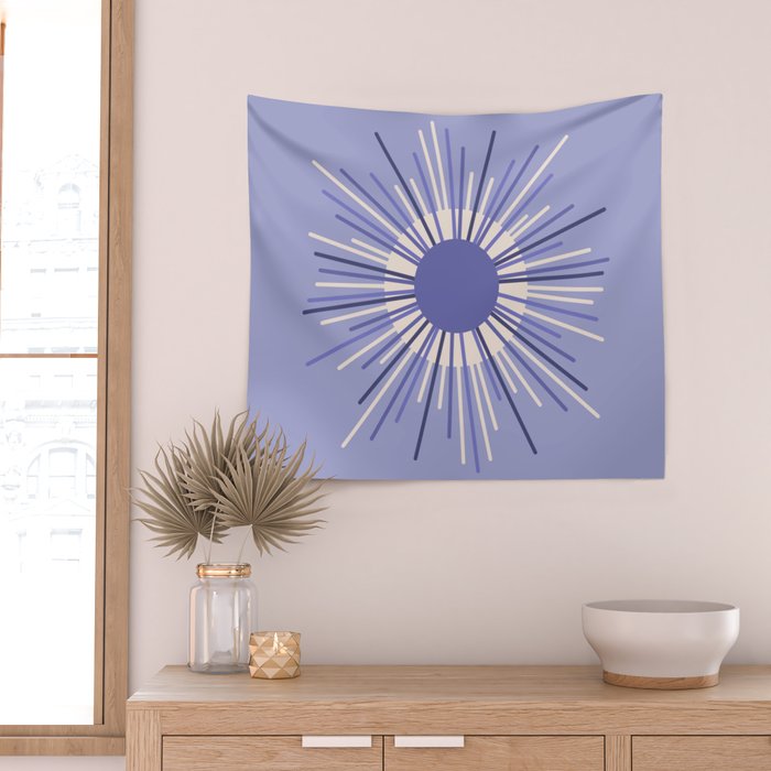 Retro Minimalist Sunburst Double Sun in Light Periwinkle Purple and Cream Wall Tapestry Gallery Image 2