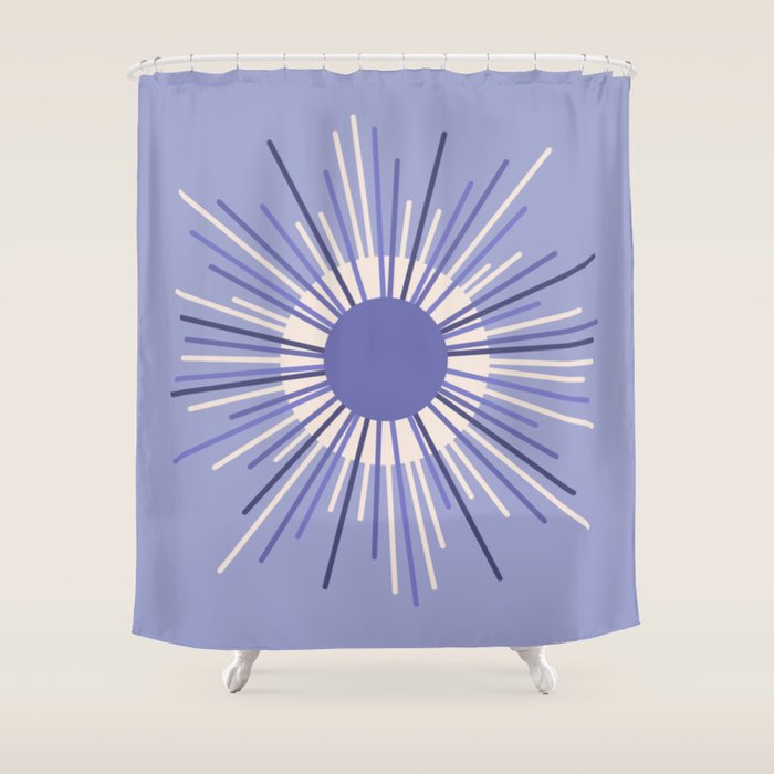 Retro Minimalist Sunburst Double Sun in Light Periwinkle Purple and Cream Shower Curtain Gallery Image 1