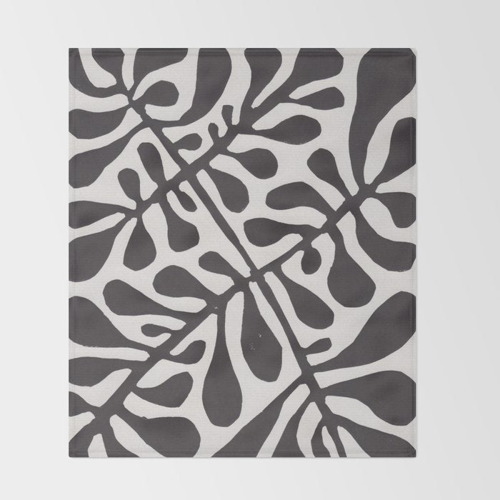 Linocut Plant #2 / Black & White Throw Blanket Gallery Image 2