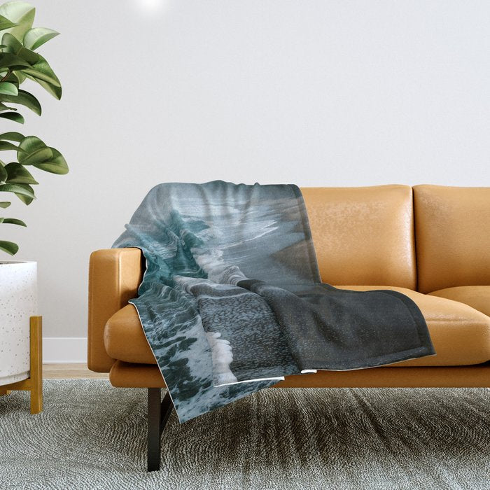 Misty Shoreline - Moody Ocean Photography Print Throw Blanket