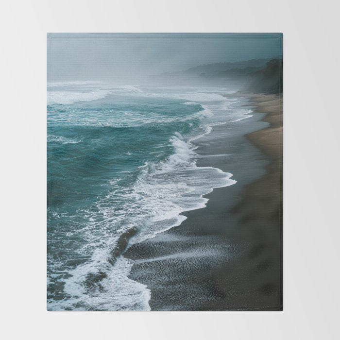 Misty Shoreline - Moody Ocean Photography Print Throw Blanket Gallery Image 2