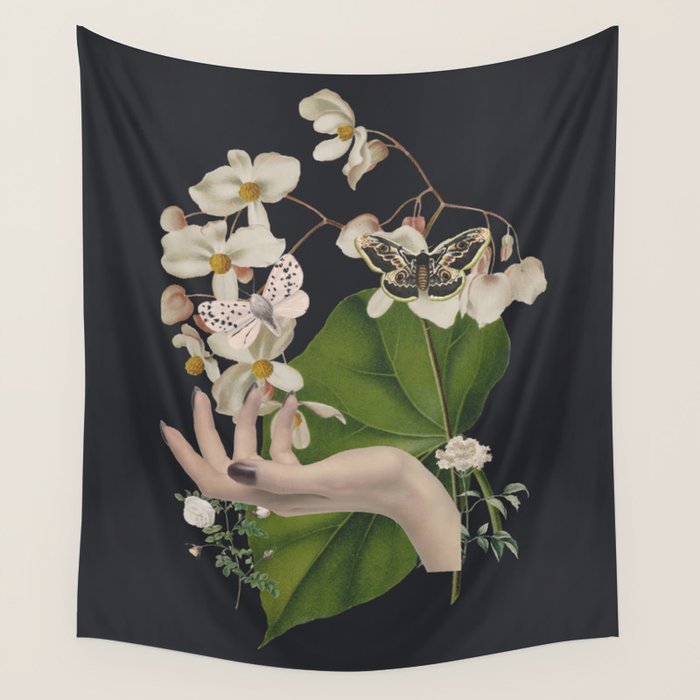 Minimal Collage/ Hand, Plants and Butterflies 6 Wall Tapestry Gallery Image 4