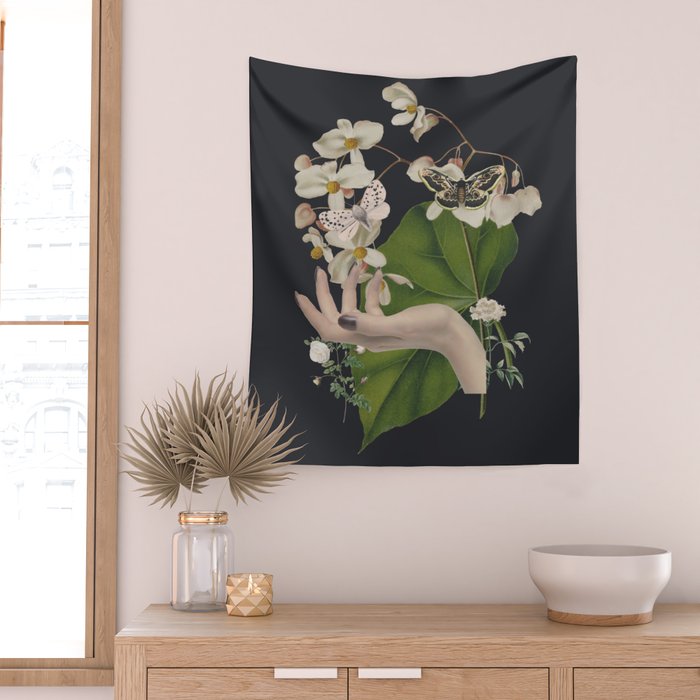 Minimal Collage/ Hand, Plants and Butterflies 6 Wall Tapestry Gallery Image 2