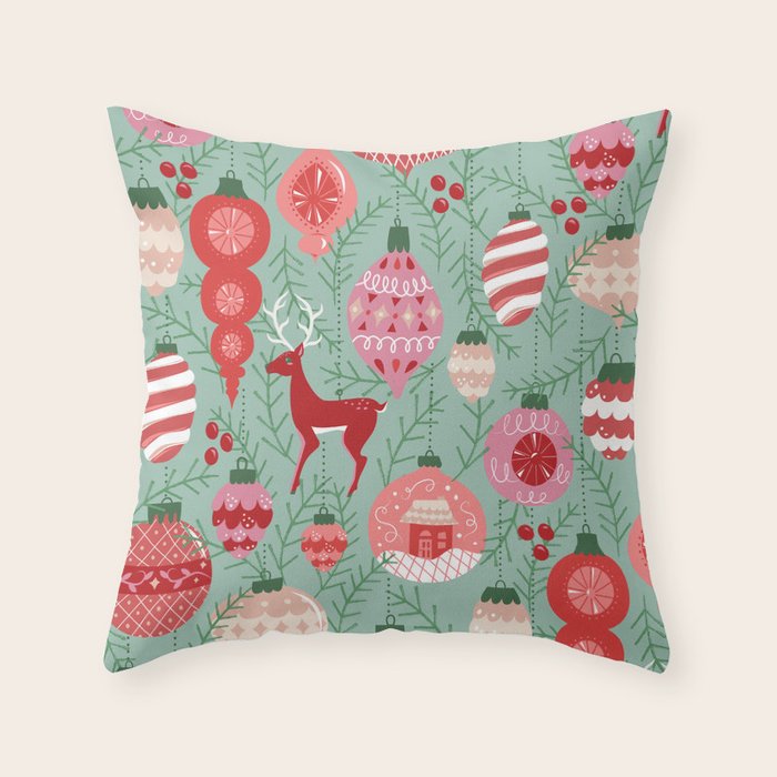 Mid-Century Ornaments in Red and Mint Throw Pillow Gallery Image 6