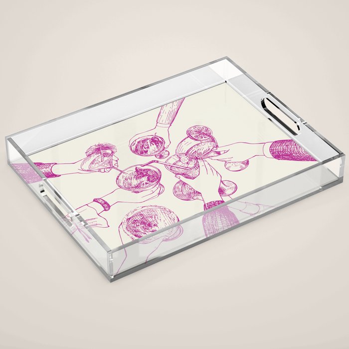 Cheers - Pink Retro Cocktails, Vintage Illustration Acrylic Tray Gallery Image 1