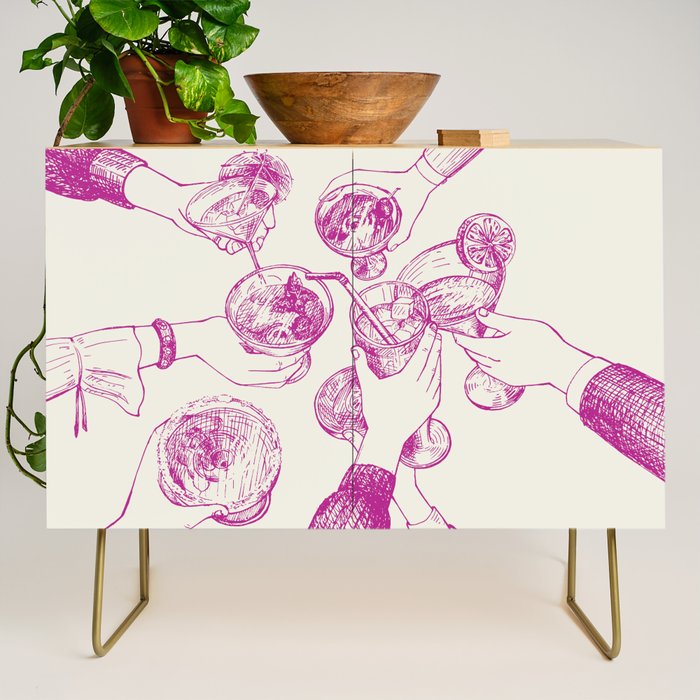 Cheers - Pink Retro Cocktails, Vintage Illustration Credenza Gallery Image 1