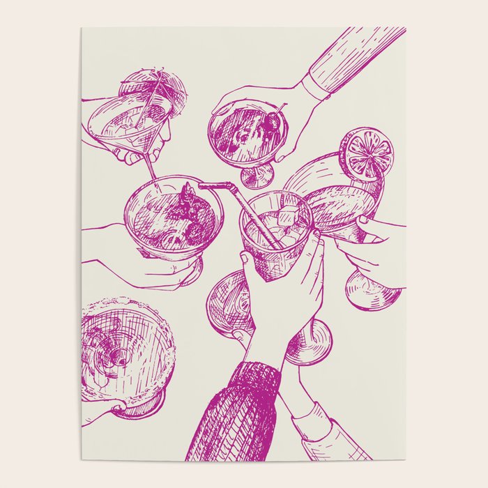 Cheers - Pink Retro Cocktails, Vintage Illustration Poster Gallery Image 1
