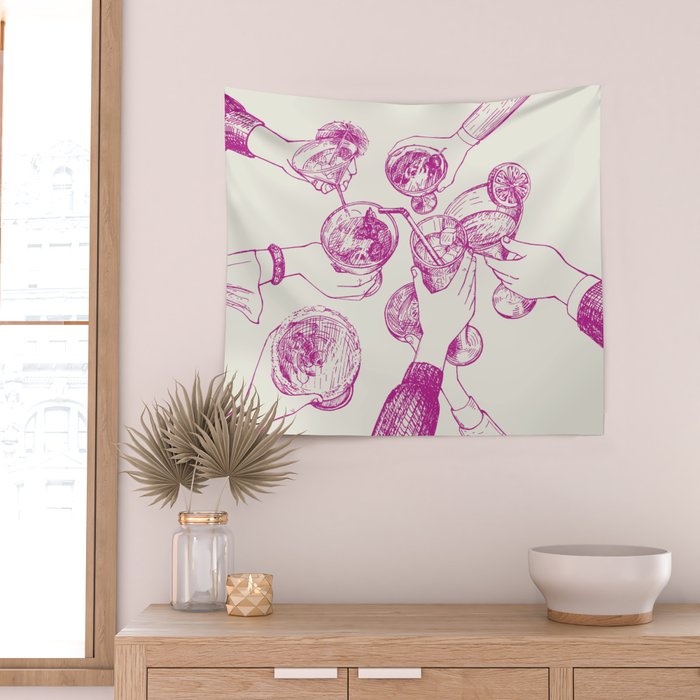 Cheers - Pink Retro Cocktails, Vintage Illustration Wall Tapestry Gallery Image 2