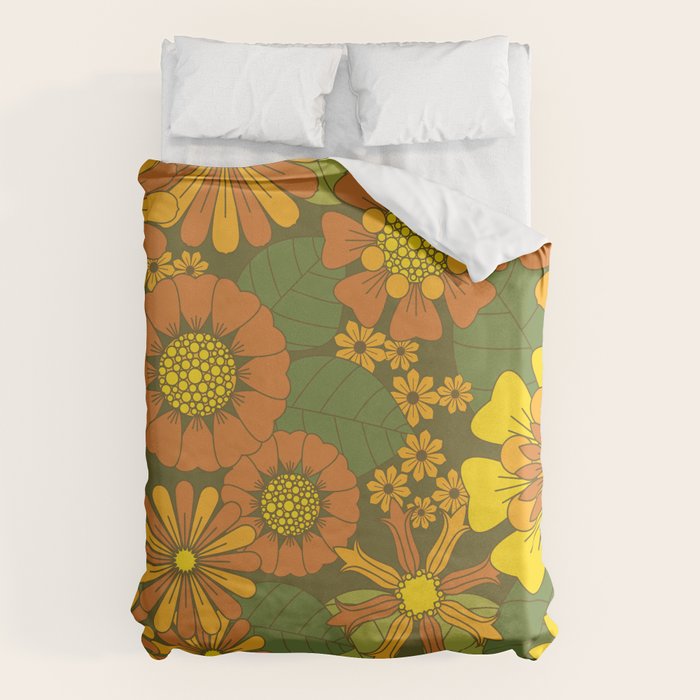 Orange, Brown, Yellow and Green Retro Daisy Pattern Duvet Cover Gallery Image 6
