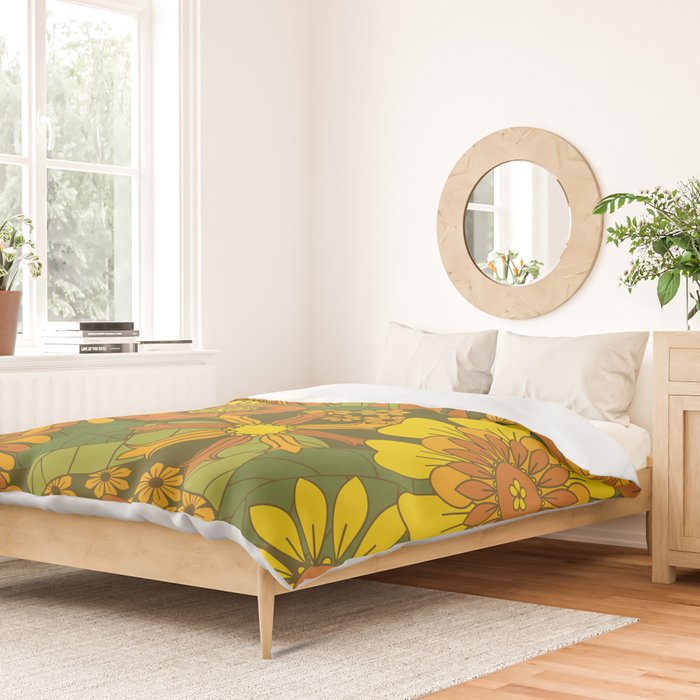 Orange, Brown, Yellow and Green Retro Daisy Pattern Duvet Cover Gallery Image 2