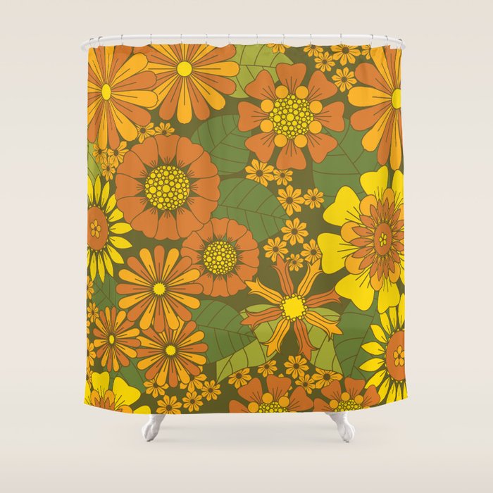 Orange, Brown, Yellow and Green Retro Daisy Pattern Shower Curtain Gallery Image 1