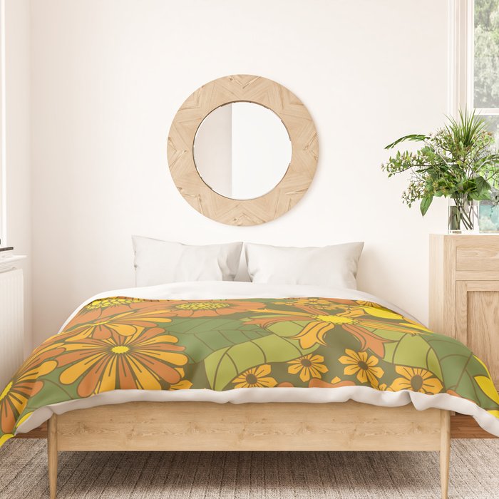 Orange, Brown, Yellow and Green Retro Daisy Pattern Duvet Cover Gallery Image 3