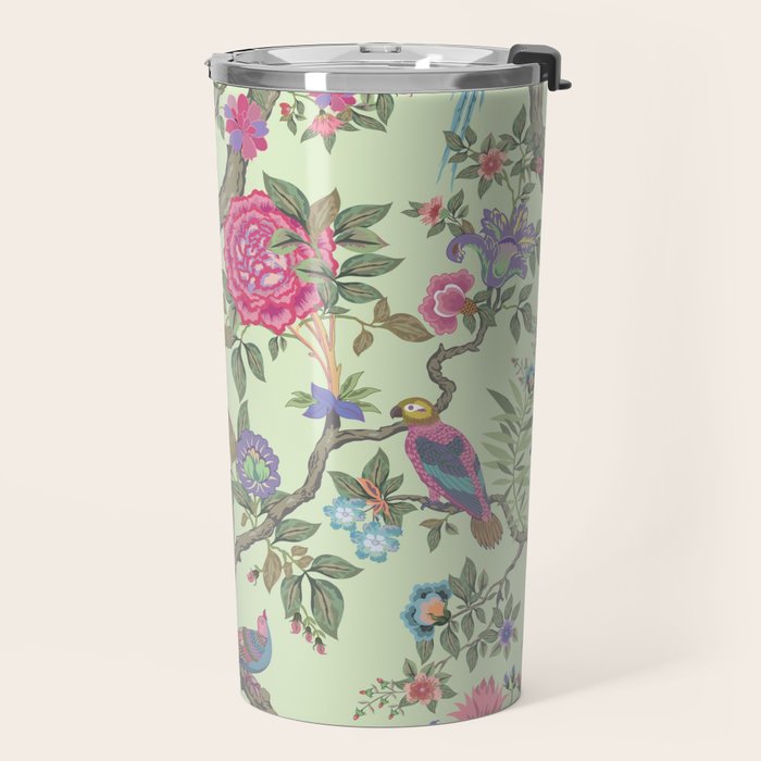Chinoiserie Mint Green Pastel Fresco Floral Garden Birds Oriental Botanical Travel Mug Gallery Image 2