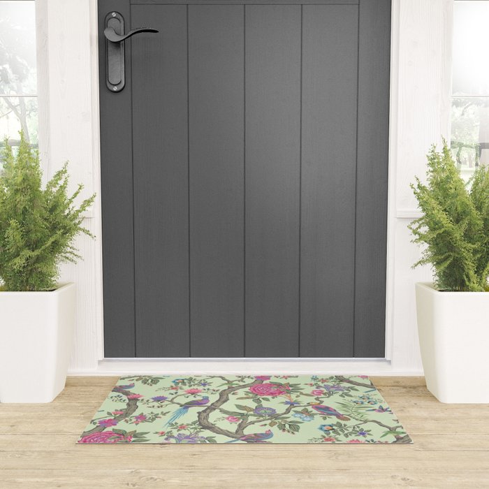 Chinoiserie Mint Green Pastel Fresco Floral Garden Birds Oriental Botanical Welcome Mat Gallery Image 3