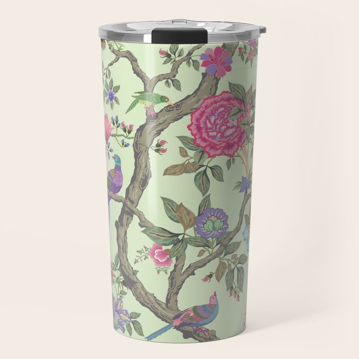 Chinoiserie Mint Green Pastel Fresco Floral Garden Birds Oriental Botanical Travel Mug Gallery Image 1