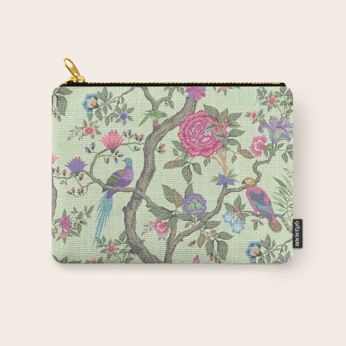 Chinoiserie Mint Green Pastel Fresco Floral Garden Birds Oriental Botanical Carry All Pouch Gallery Image 1