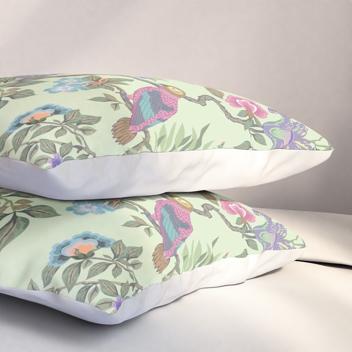 Chinoiserie Mint Green Pastel Fresco Floral Garden Birds Oriental Botanical Pillow Sham Gallery Image 3