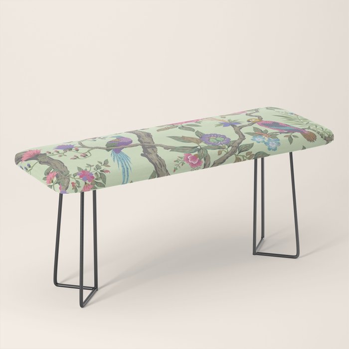 Chinoiserie Mint Green Pastel Fresco Floral Garden Birds Oriental Botanical Bench Gallery Image 1